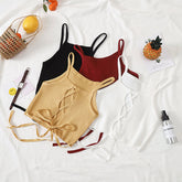 Solid Knitted Backless Tie Camis Crop Tops